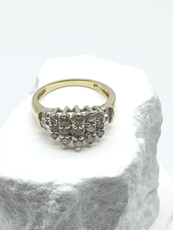 Vintage 14k Yellow Gold Triple Row Diamond Pyramid Cocktail Ring - Picture 5 of 12